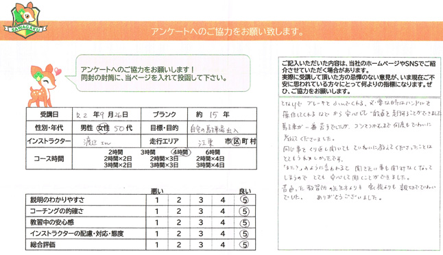 江東区 50代女性 ペーパードライバー講習アンケート