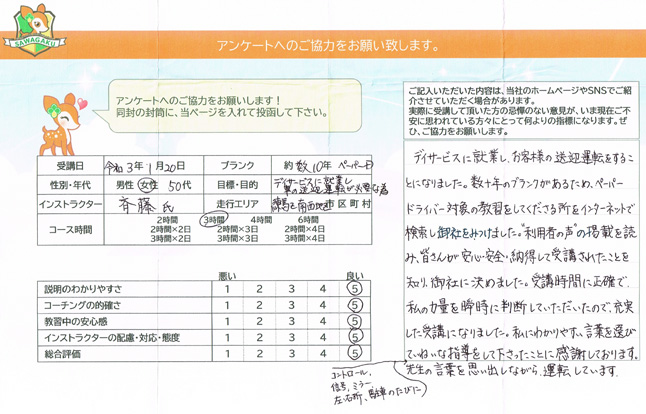 練馬区 50代女性 ペーパードライバー講習アンケート