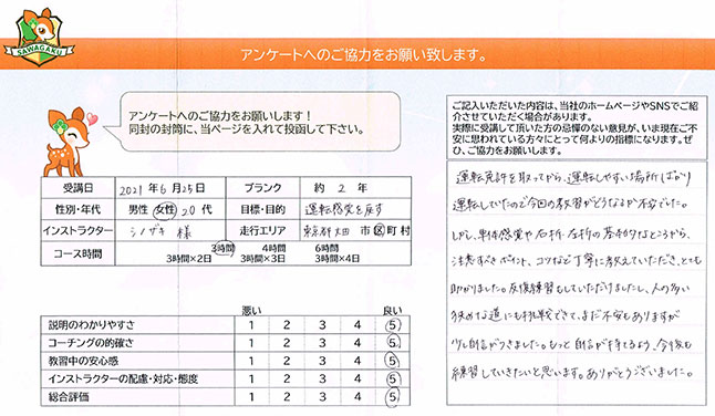 大田区 20代女性 ペーパードライバー講習アンケート