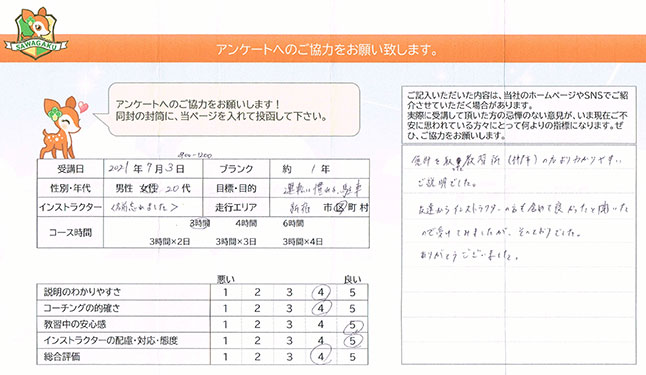 新宿区 20代女性 ペーパードライバー講習アンケート
