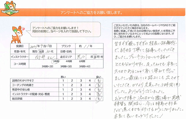 荒川区 30代女性 ペーパードライバー講習アンケート
