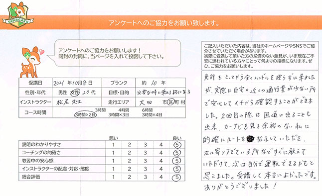 大田区 20代女性 ペーパードライバー講習アンケート