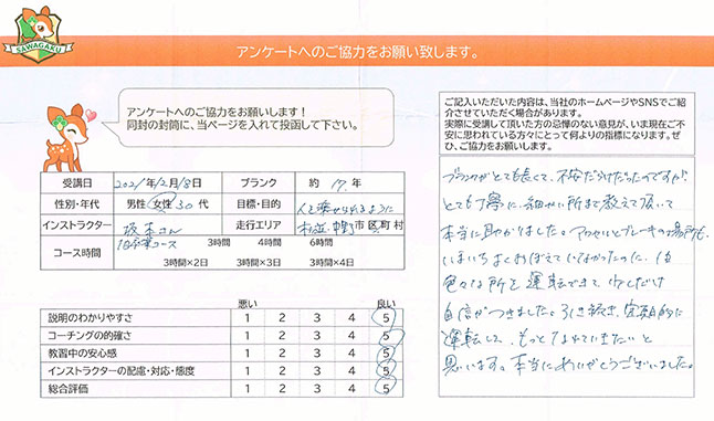 杉並区・中野区 30代女性 ペーパードライバー講習アンケート
