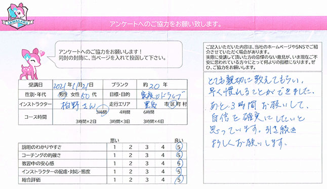 豊島区 50代男性 ペーパードライバー講習アンケート