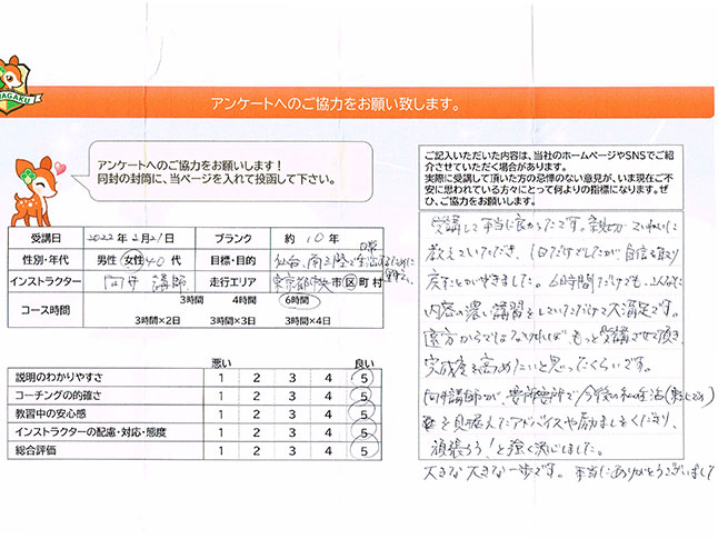 中央区 40代女性 ペーパードライバー講習アンケート
