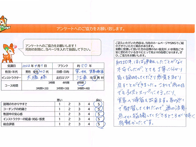 江東区 40代女性 ペーパードライバー講習アンケート