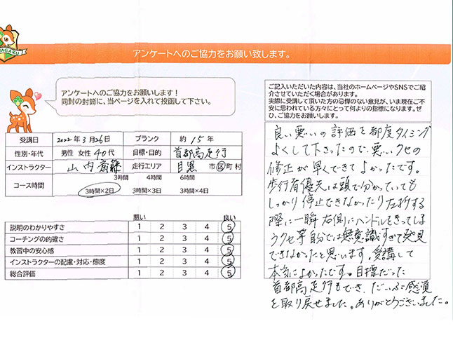 目黒区 40代女性 ペーパードライバー講習アンケート
