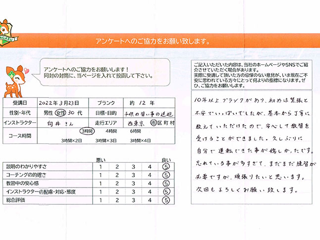 西東京市 30代女性 ペーパードライバー講習アンケート