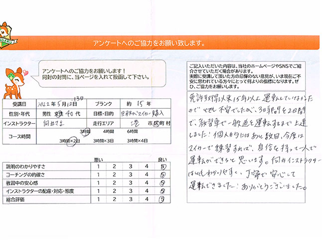 港区 40代女性 ペーパードライバー講習アンケート