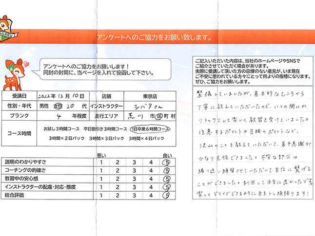 荒川区 20代女性 ペーパードライバー講習アンケート