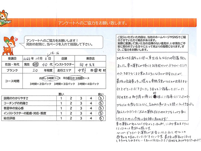 中野区 40代女性 ペーパードライバー講習アンケート