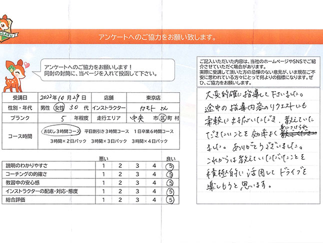 中央区 30代女性 ペーパードライバー講習アンケート