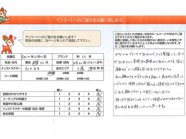 三鷹市 30代女性 ペーパードライバー講習アンケート