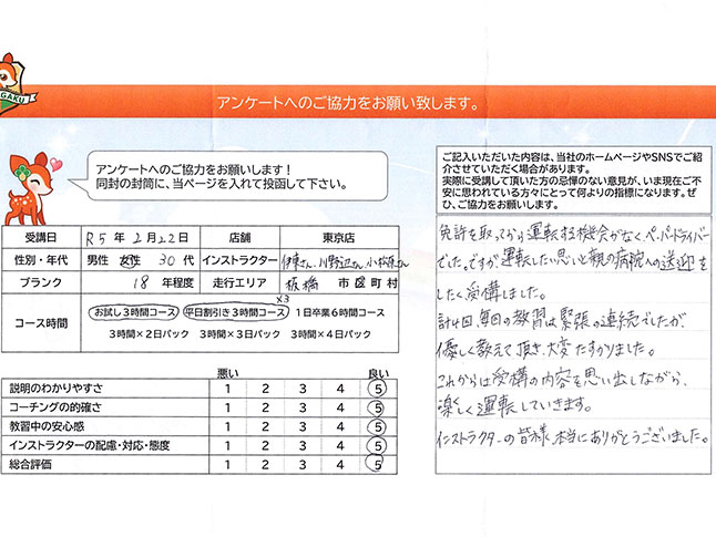 板橋区 30代女性 ペーパードライバー講習アンケート