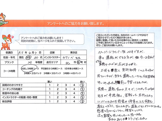 北区 30代女性 ペーパードライバー講習アンケート