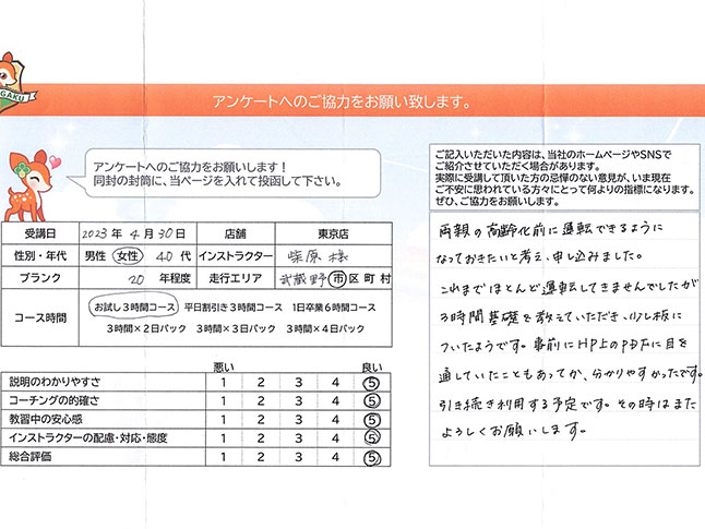 武蔵野市 40代女性 ペーパードライバー講習アンケート