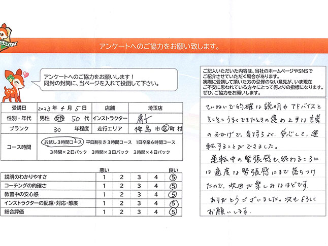 練馬区 50代女性 ペーパードライバー講習アンケート