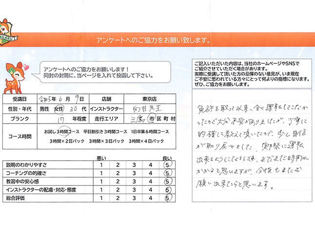 三鷹市 30代女性 ペーパードライバー講習アンケート