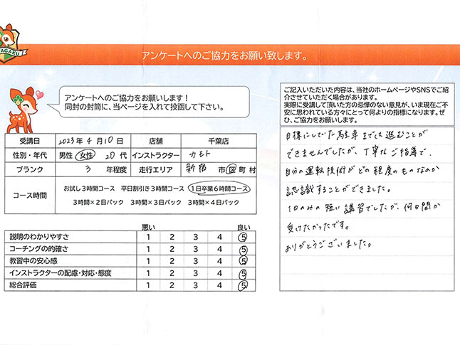 新宿区 20代女性 ペーパードライバー講習アンケート