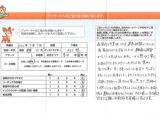 墨田区 30代女性 ペーパードライバー講習アンケート