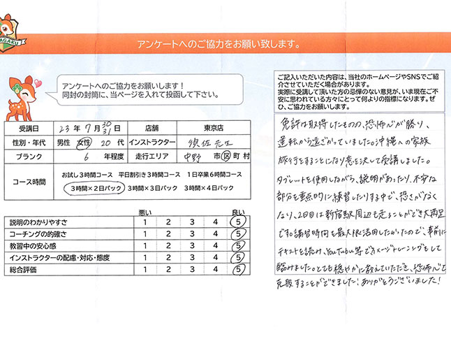 中野区 20代女性 ペーパードライバー講習アンケート