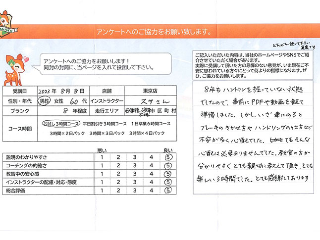 豊島区 60代男性 ペーパードライバー講習アンケート