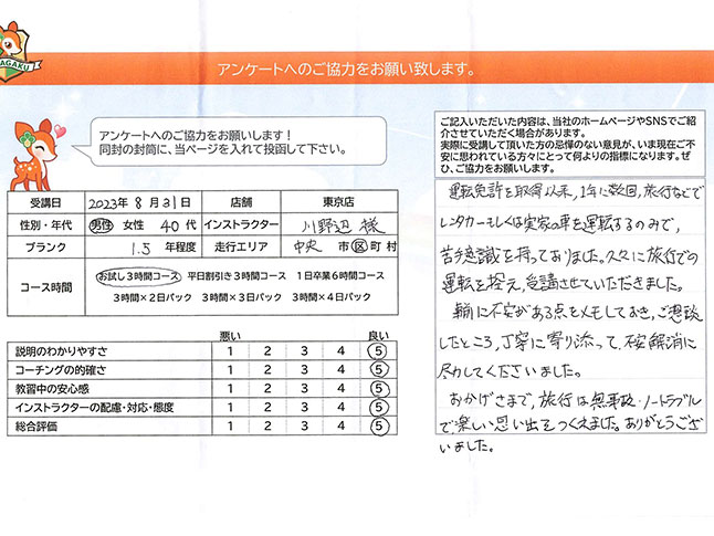 中央区 40代男性 ペーパードライバー講習アンケート