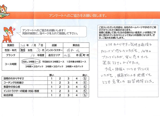 北区 30代男性 ペーパードライバー講習アンケート