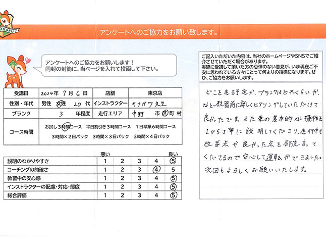 中野区 20代女性 ペーパードライバー講習アンケート