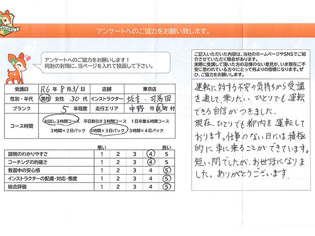 中野区 30代男性 ペーパードライバー講習アンケート