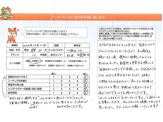 杉並区 30代女性 ペーパードライバー講習アンケート