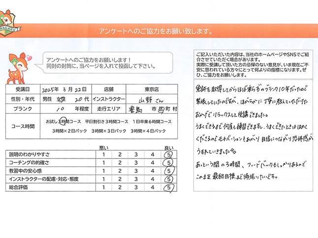 豊島区 20代女性 ペーパードライバー講習アンケート