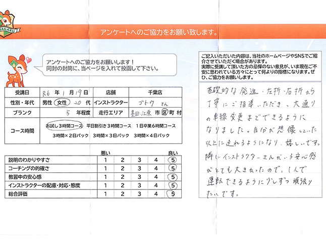 墨田区・江東区 20代女性 ペーパードライバー講習アンケート
