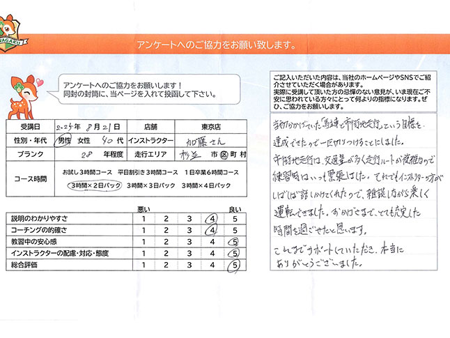 杉並区 40代男性 ペーパードライバー講習アンケート