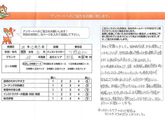 杉並区 50代男性 ペーパードライバー講習アンケート