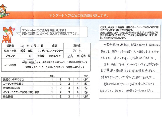 豊島区 30代男性 ペーパードライバー講習アンケート